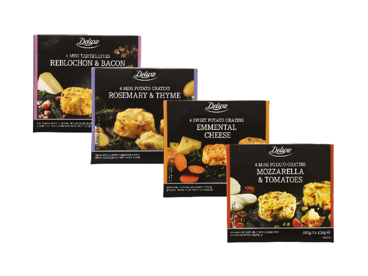 Deluxe mini potato gratins: Reblochon & bacon, rosemary & thyme, Emmental cheese, mozzarella & tomatoes.