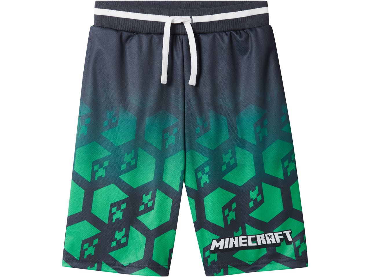 Shorts Minecraft per bambini, design a nido d'ape verde e grigio.