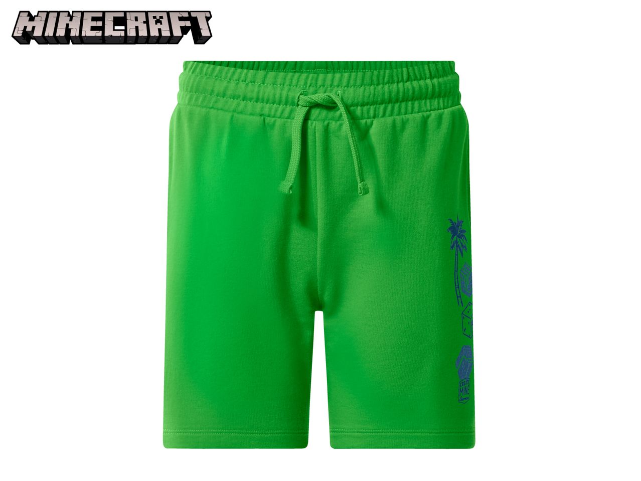 Green shorts with a drawstring waist and blue graphic print on the side.