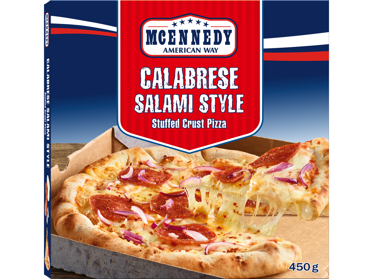 Pizza McKennedy estilo calabresa salami com borda recheada.