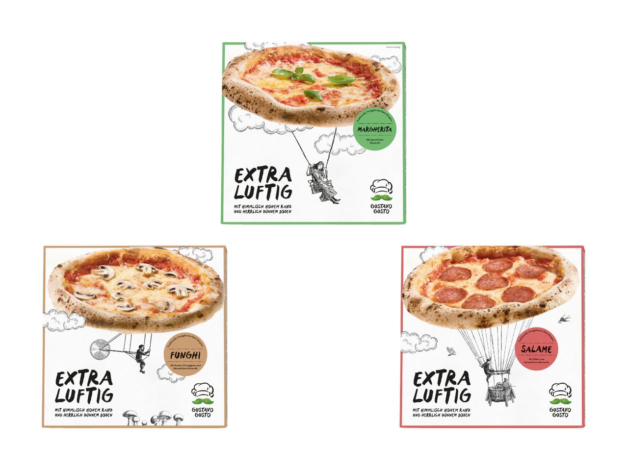Extra luftige Gustavo Gusto Pizzen in den Sorten Margherita, Funghi und Salami.