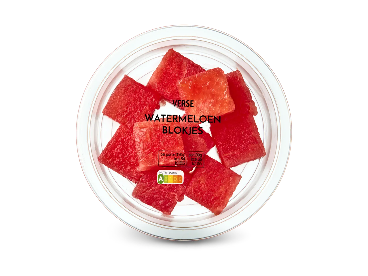 Verse watermeloenblokjes op een bord met voedingswaarden en Nutri-Score A.
