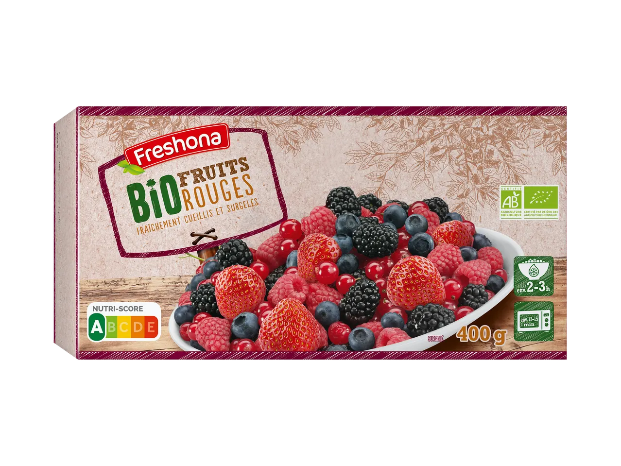 Boîte de fruits rouges bio surgelés avec Nutri-Score A et logo AB.