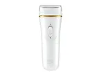 White and gold electric shaver with a clear protective cap and an on/off switch.
