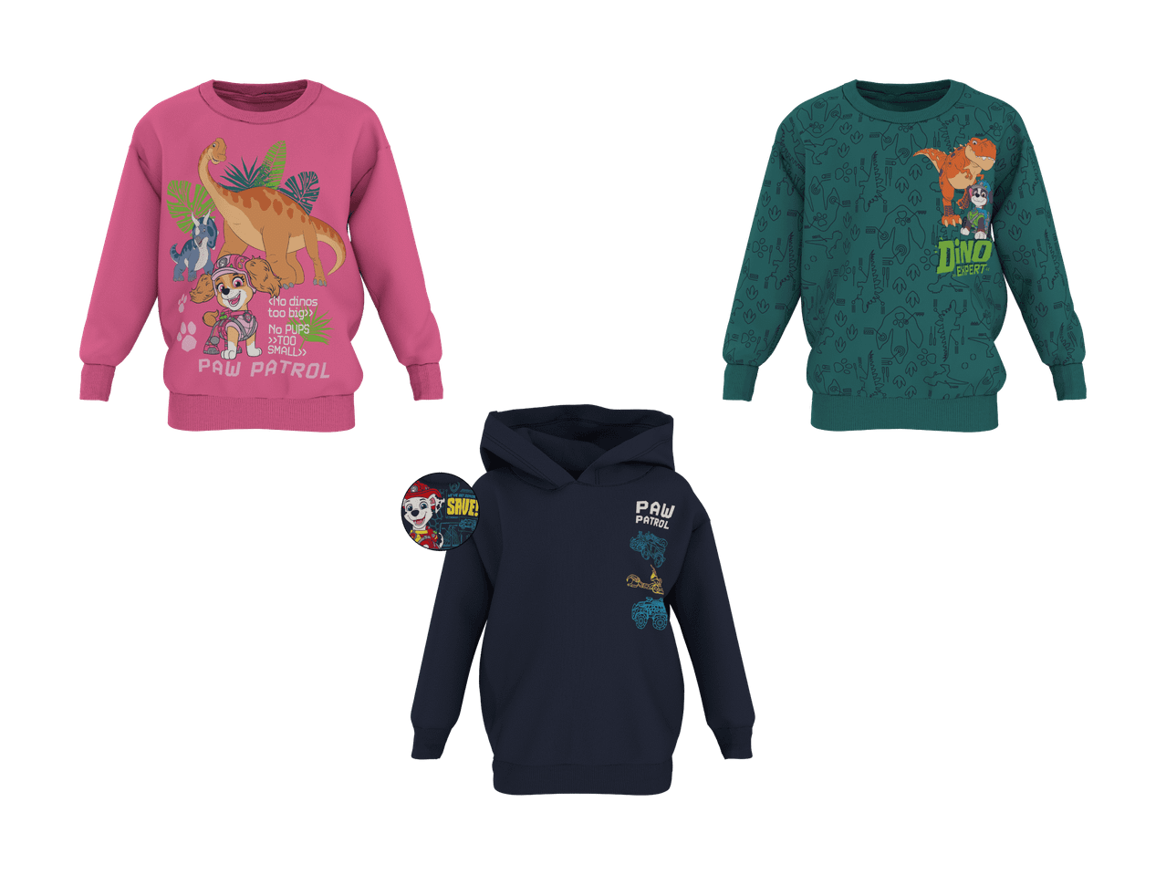 Trois pulls pour enfants : un rose avec des dinosaures et un chiot, un vert avec des dinosaures et un chiot, et un bleu marine à capuche avec des véhicules.