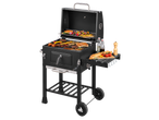 Grillmeister Charcoal Barbecue with various grilled meats, vegetables, and side dishes.
