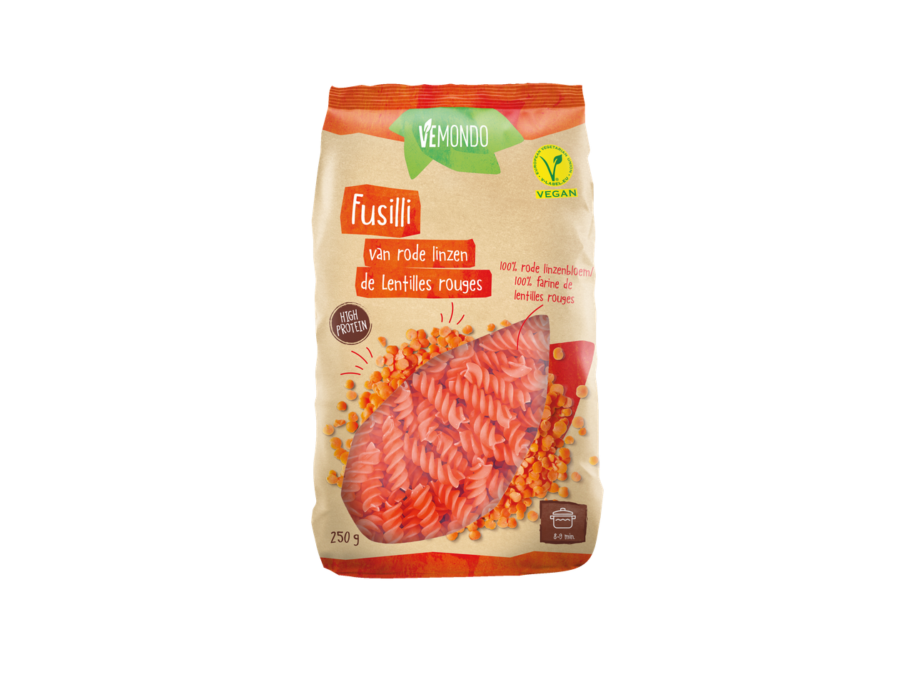 Vemondo vegan fusilli van rode linzen, 250g.