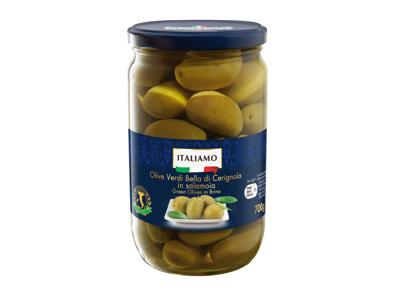 Jar of green olives in brine, with a blue label and nutritional information.