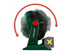 A green and black work light with a red arrow indicating its adjustable head, and a grey battery pack with a yellow 'X' symbol.