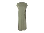 Green maxi dress with short sleeves and a side knot detail.