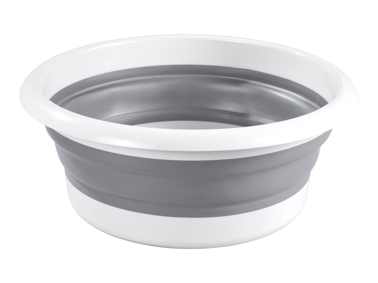 Collapsible grey and white plastic bowl