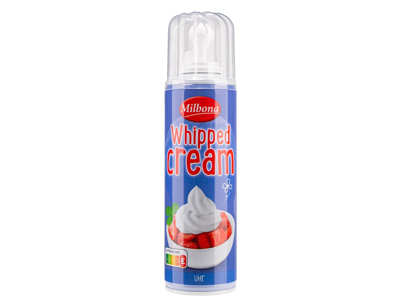 Milbona tejszínhab spray kék dobozban, eperrel és tejszínhabbal díszítve