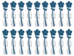 Rows of white and blue flower-patterned clothes pegs on a black background.