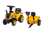 Yellow ride-on tractor with a black seat and a yellow trailer with black rake and shovel.