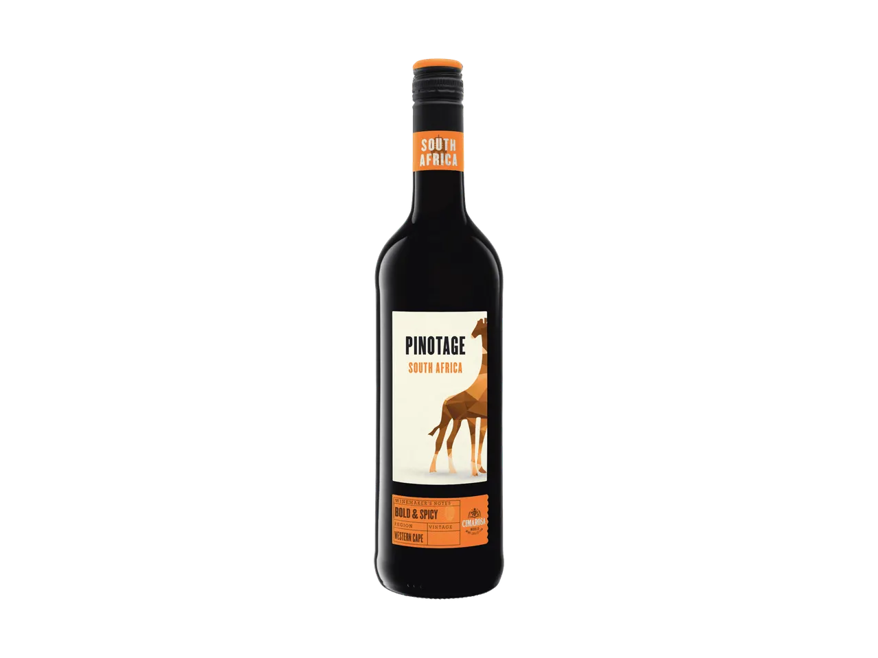 Flasche südafrikanischer Pinotage Rotwein mit Etikett, das eine stilisierte Giraffe zeigt.