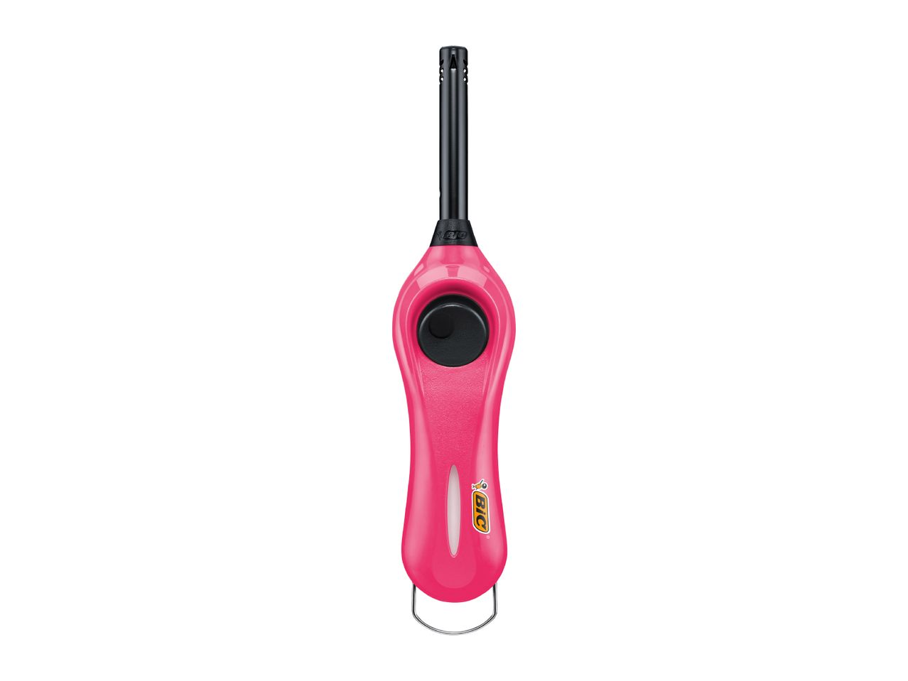 Pink long-reach lighter with a black igniter button and a metal hanging loop.