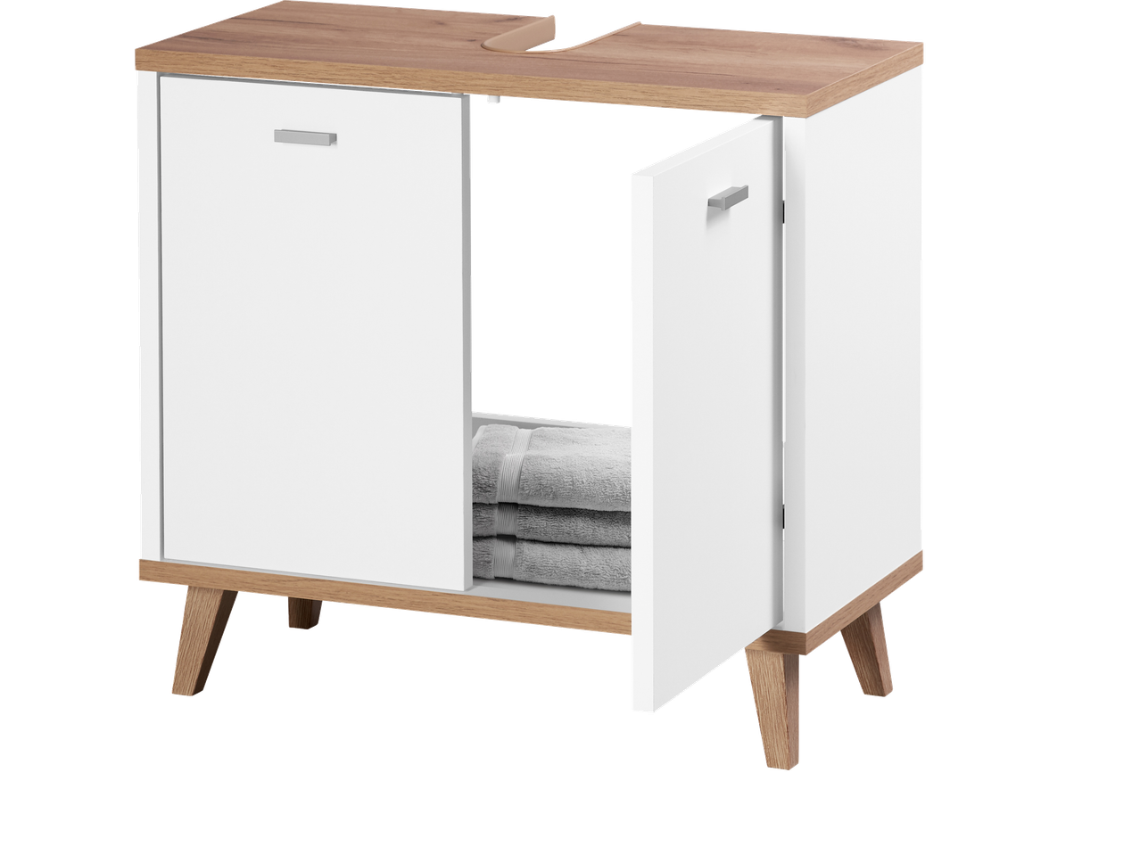 LIVARNO Mosdó alsószekrény: bijeli i smeđi ormarić s otvorenim vratima i ručnicima.