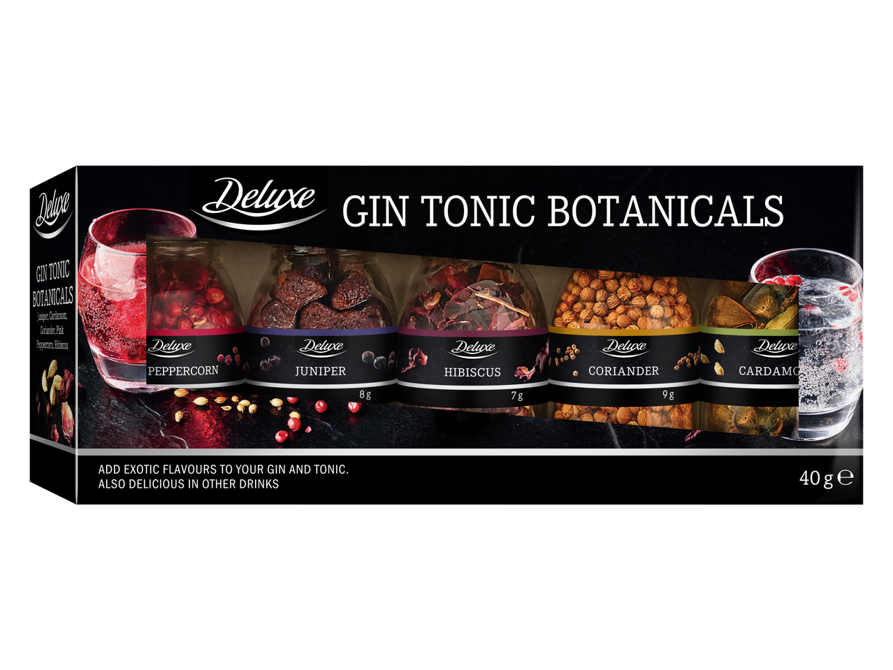 Deluxe Gin Tonic Botanicals dāvanu komplekts ar piparu graudiem, kadiķogām, hibisku, koriandru un kardamonu.
