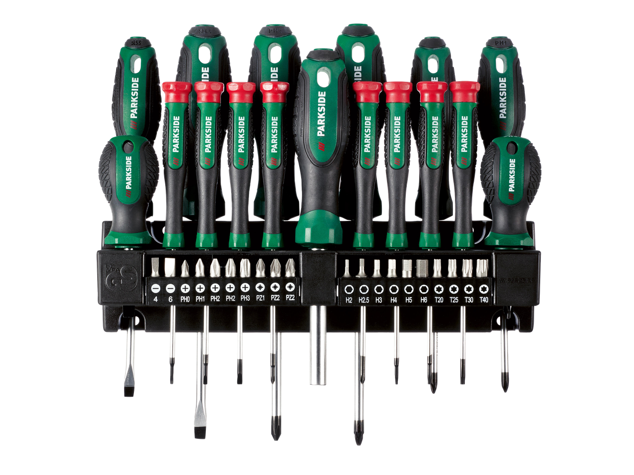 Csavarhúzó készlet, zöld és fekete nyéllel, különböző bitekkel és fejekkel, fekete tartóban.