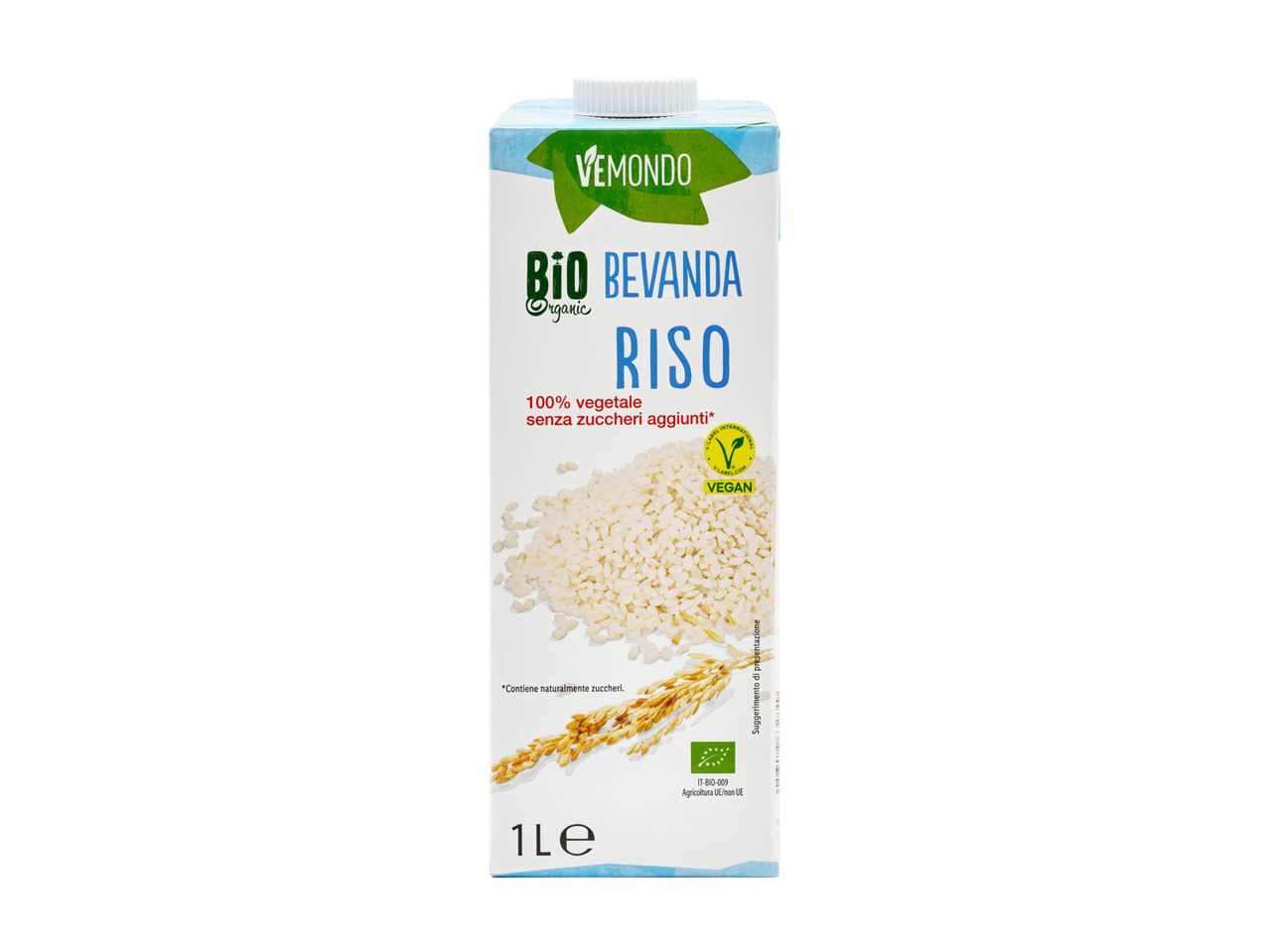 Confezione di bevanda di riso biologica Vemondo da 1 litro, 100% vegetale, senza zuccheri aggiunti.