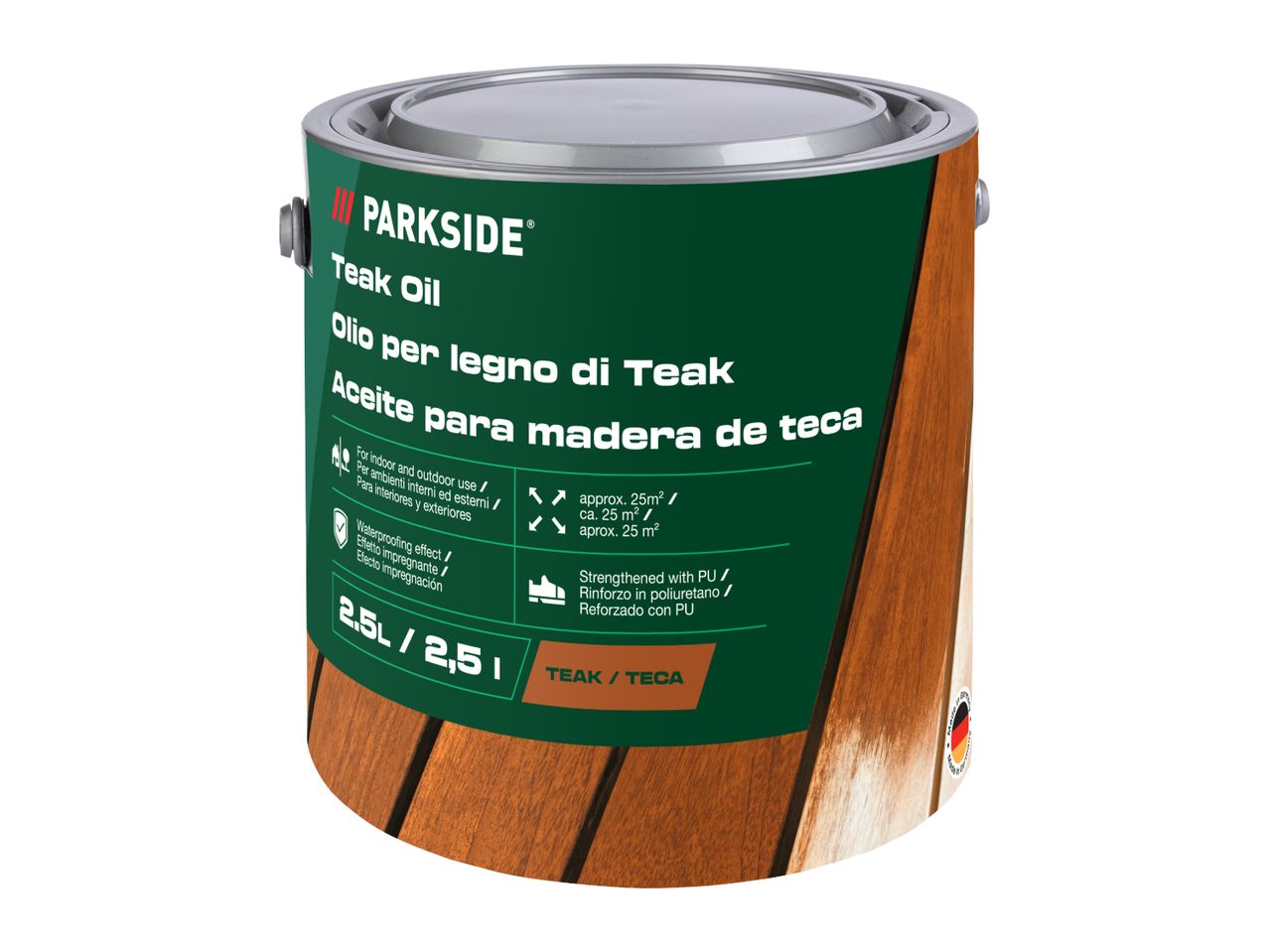 Teak oil in a metal can, suitable for indoor and outdoor use, 2.5L.