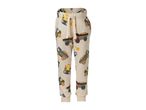 Kids' cream joggers with a colorful construction vehicle pattern and a drawstring waist.