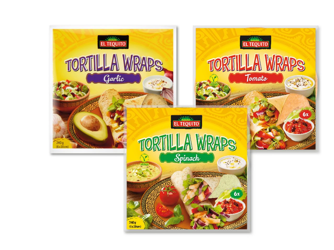 El Tequito tortilju iepakojumi ar ķiploku, tomātu un spinātu garšu.