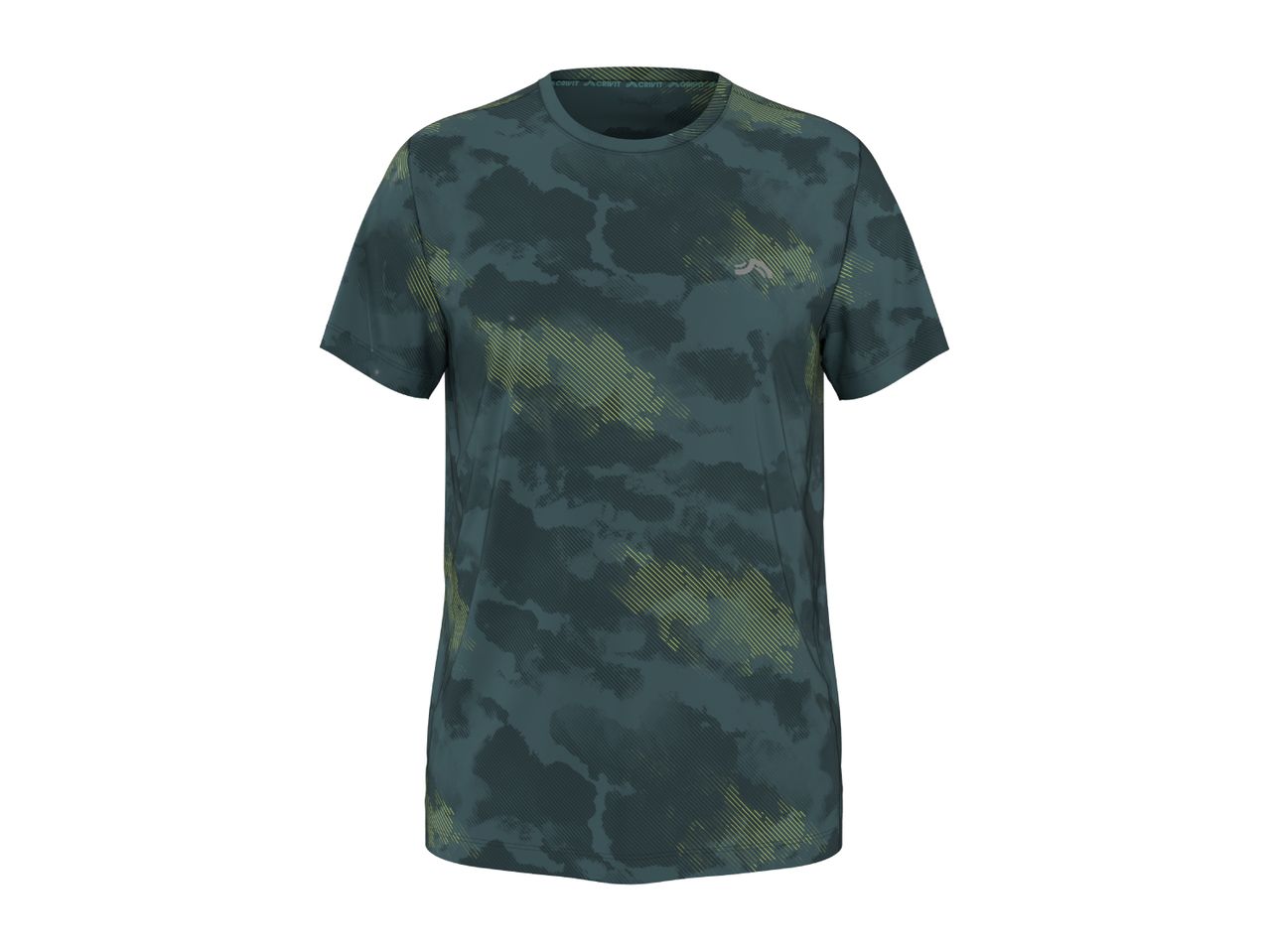 Dark green short-sleeved t-shirt with a camouflage pattern and yellow diagonal stripes.