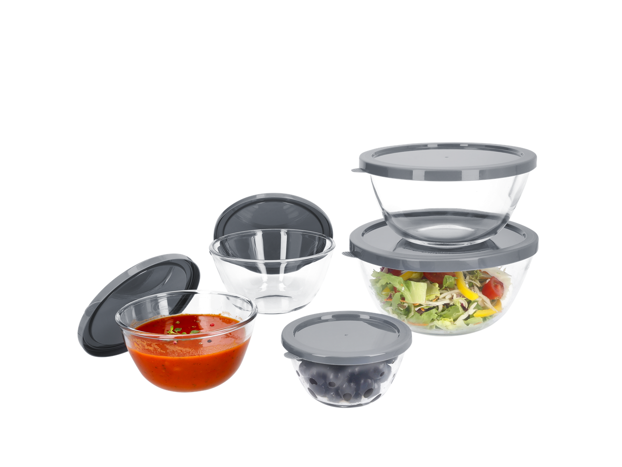 Conjunto de taças de vidro SILVERCREST® com tampas cinzentas, contendo salada, molho e azeitonas.