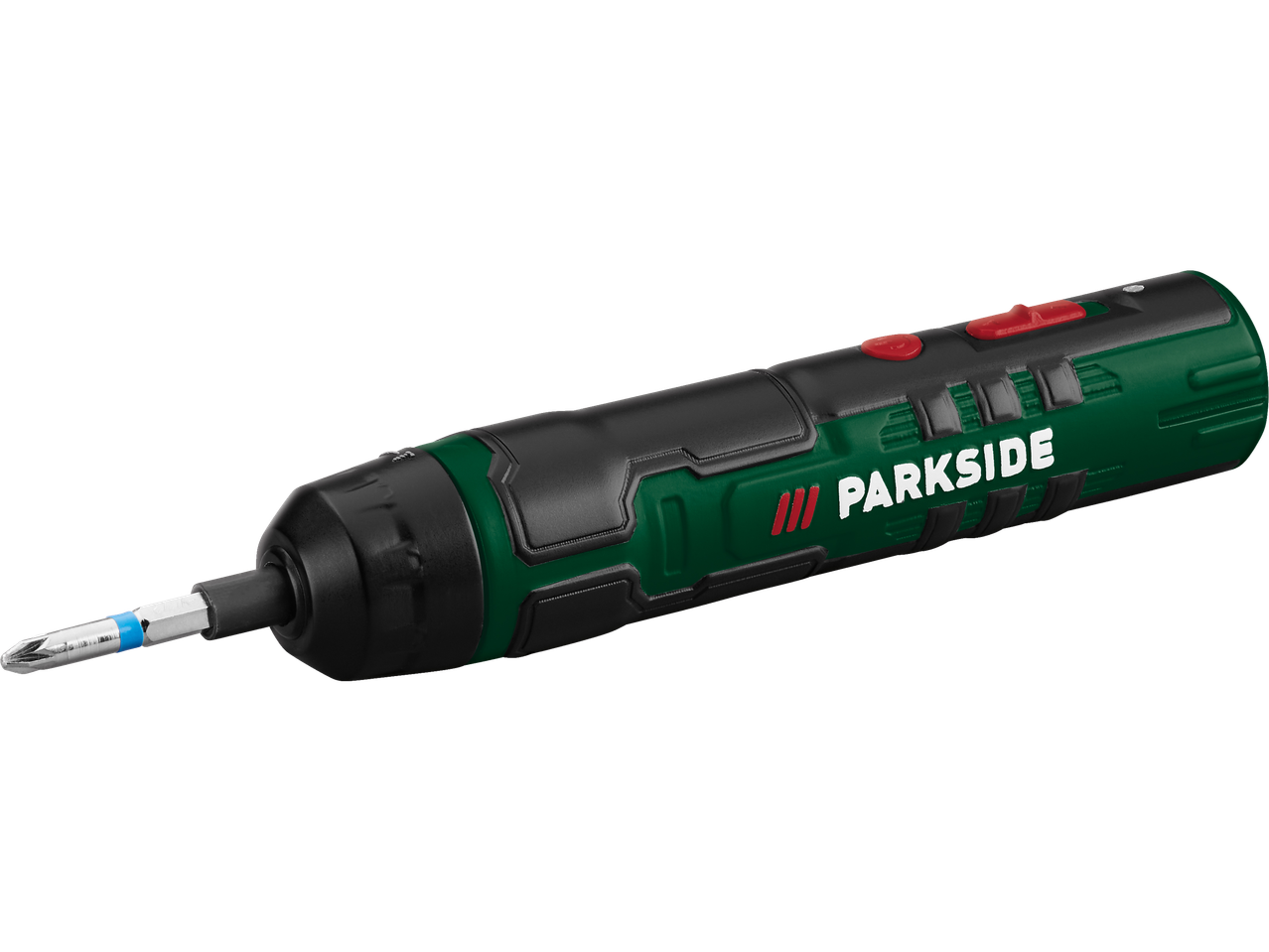 Roheline ja must Parkside elektriline kruvikeeraja koos kruvikeeraja otsikuga.
