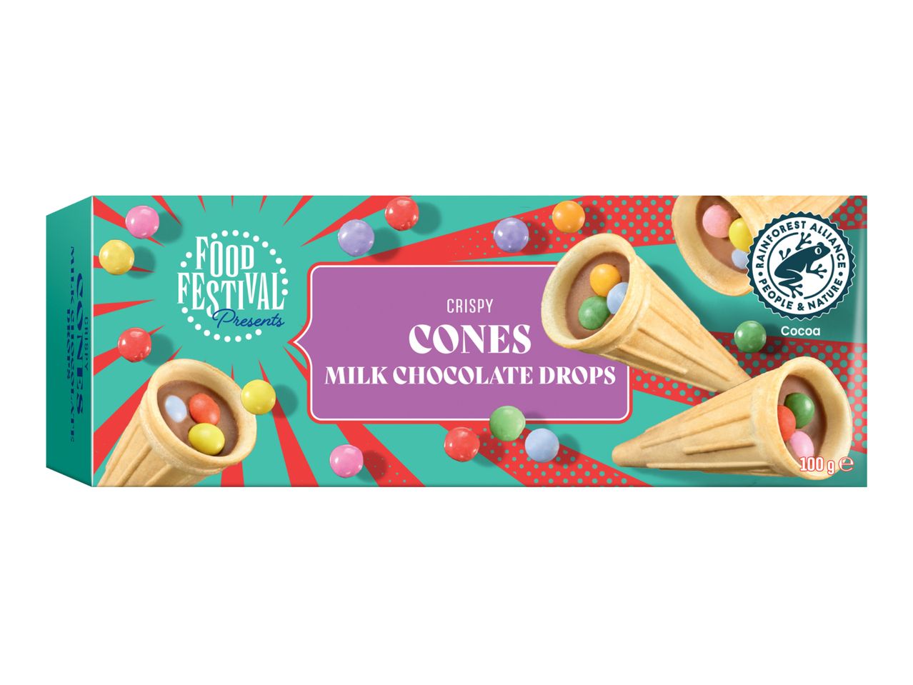 Crispy cones with milk chocolate drops, featuring a Rainforest Alliance cocoa seal.