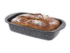 Freshly baked loaf of bread in a speckled grey loaf pan.