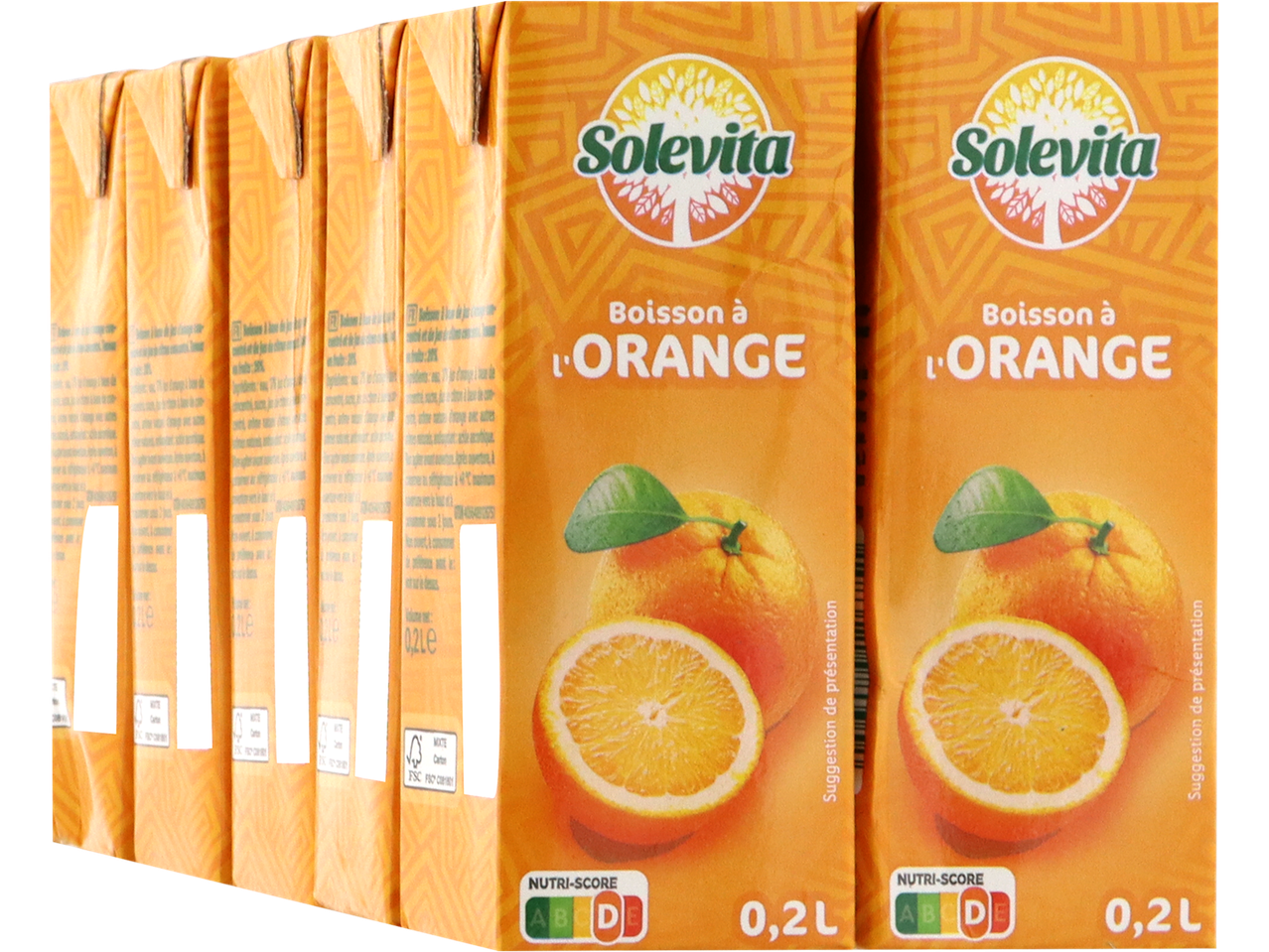 Plusieurs briques de boisson à l'orange Solevita, avec Nutri-Score D et 0,2L.