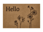 Brun dørmåtte med teksten 'Hello' og blomsterdesign.