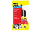 Опаковка на UHU Super Power Gel лепило, показваща две тубички от 3 g.