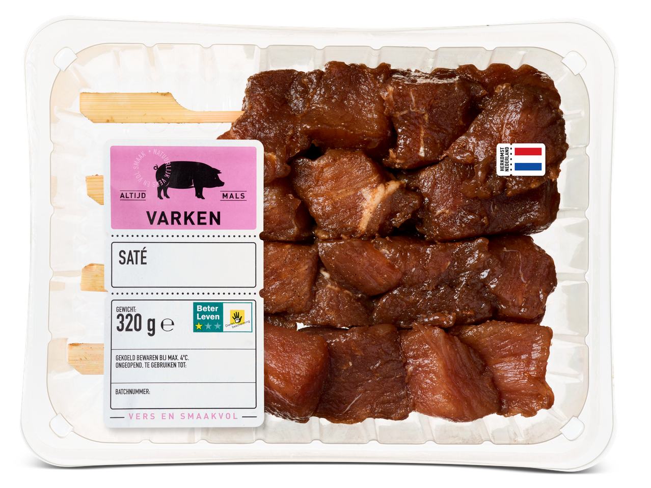 Gemarineerde varkens saté, 320g, Beter Leven.
