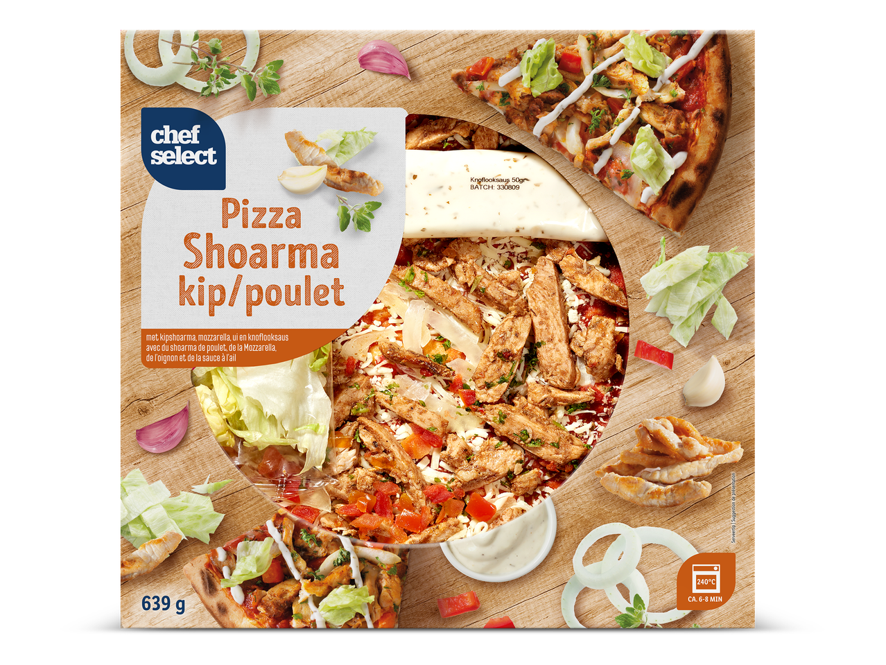 Pizza Shoarma kip/poulet met knoflooksaus, mozzarella, ui en 639g gewicht, 240°C, 6-8 min bereidingstijd.