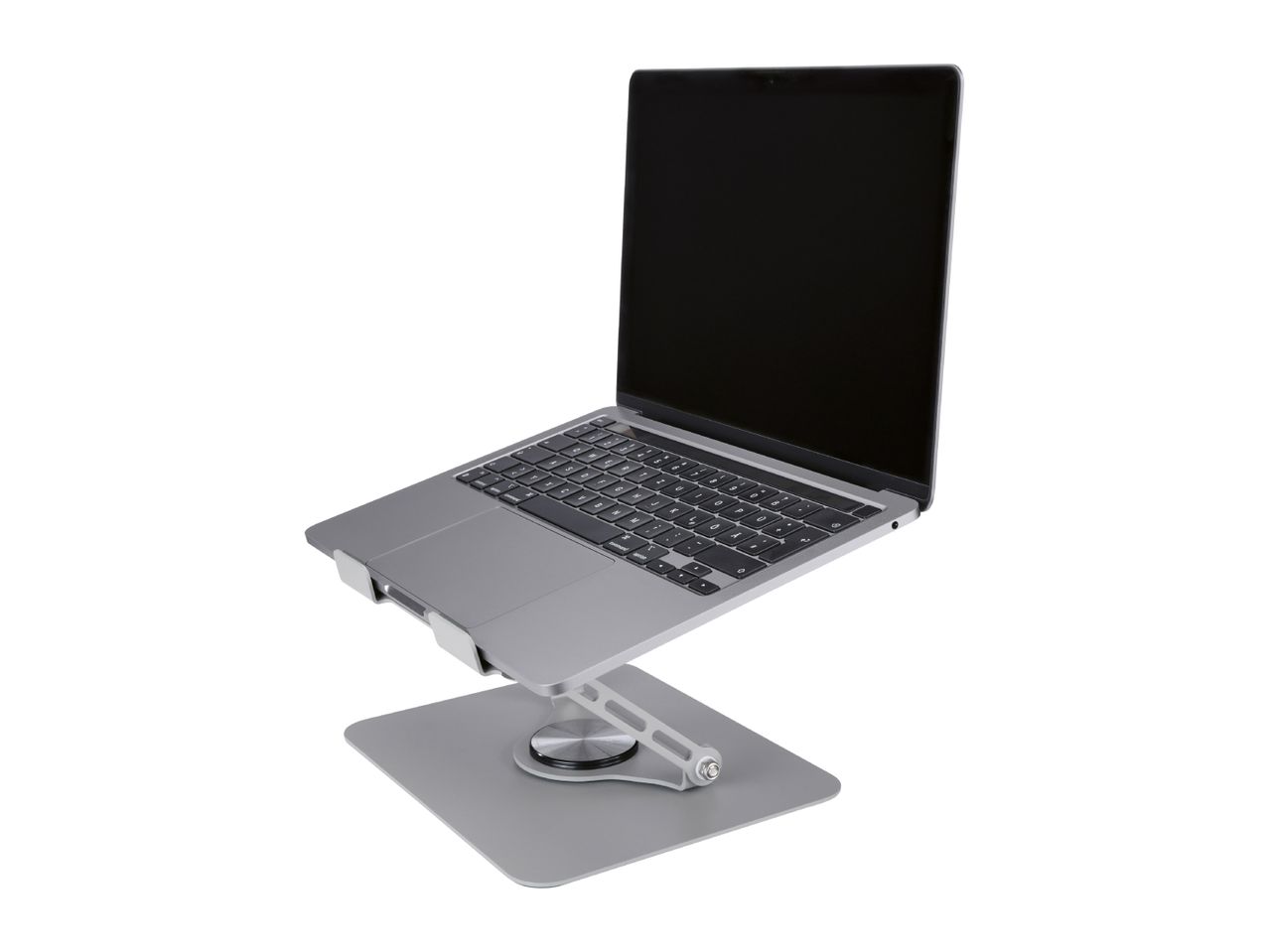 Silver laptop on an adjustable silver stand with a swivel base, isolated on white.