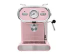 Pink espresso machine with a temperature gauge and steam wand on a white background.