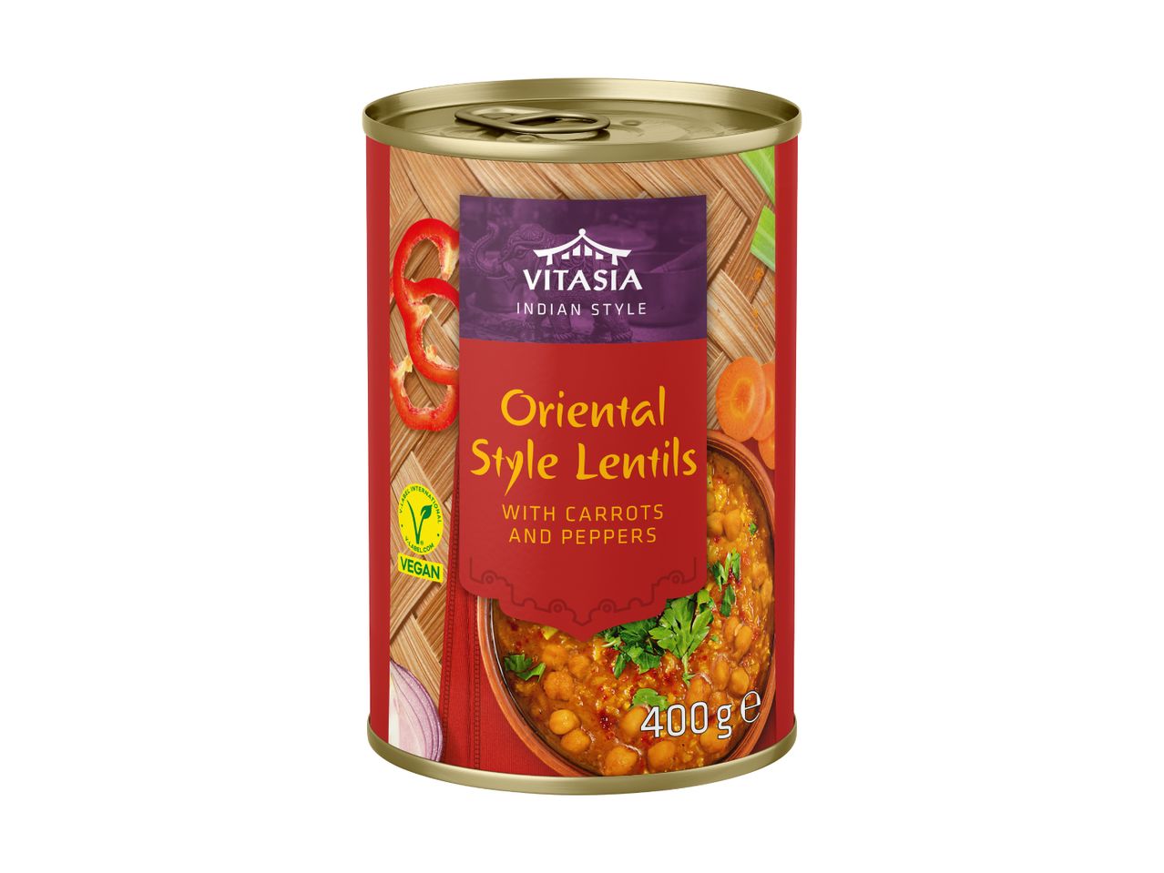 A can of Vitasia Oriental Style Lentils with carrots and peppers, a vegan product.