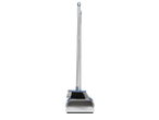 A broom and dustpan set with telescopic handles stands upright against a black background.
