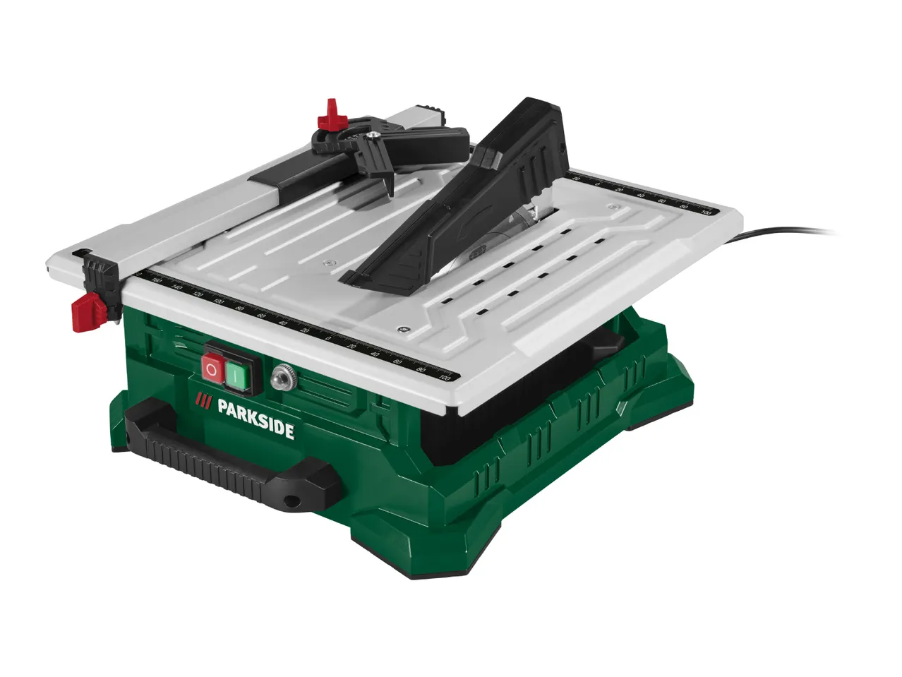 PARKSIDE table saw with a green base and white cutting surface