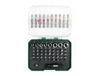 Open green case with a variety of screwdriver bits and sockets