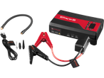 A portable Ultimate Speed car jump starter with battery clamps, cables, and accessories.
