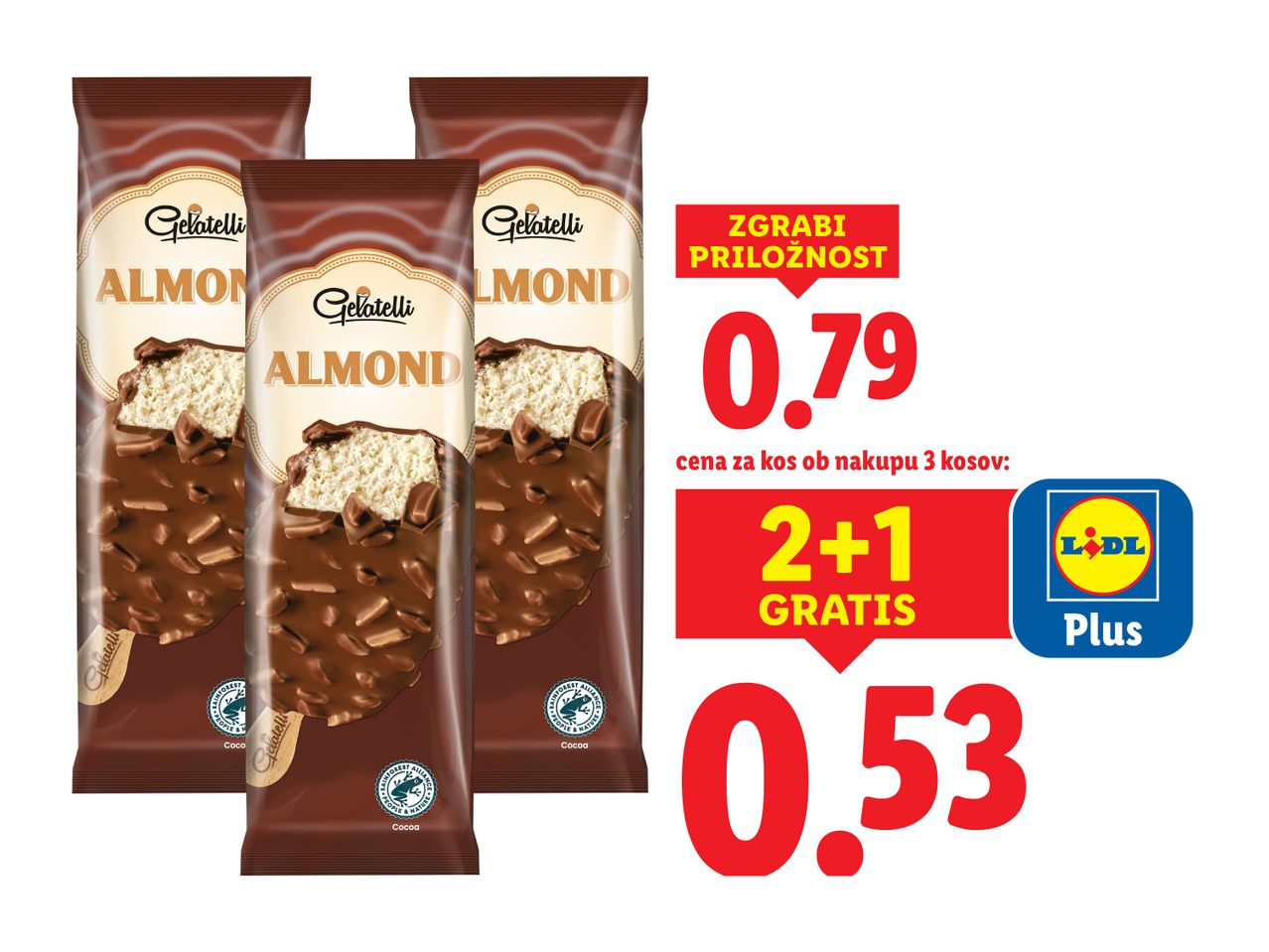 Gelatelli mandljevi sladoledi na palčki v akciji 2+1 gratis, s ceno 0,79 € in 0,53 € z Lidl Plus.