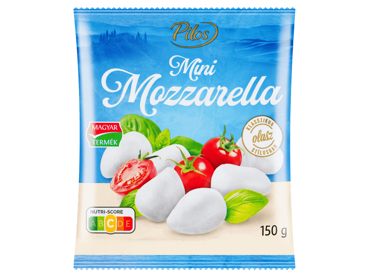 Mini mozzarella golyók paradicsommal és bazsalikommal ábrázolva a csomagoláson.