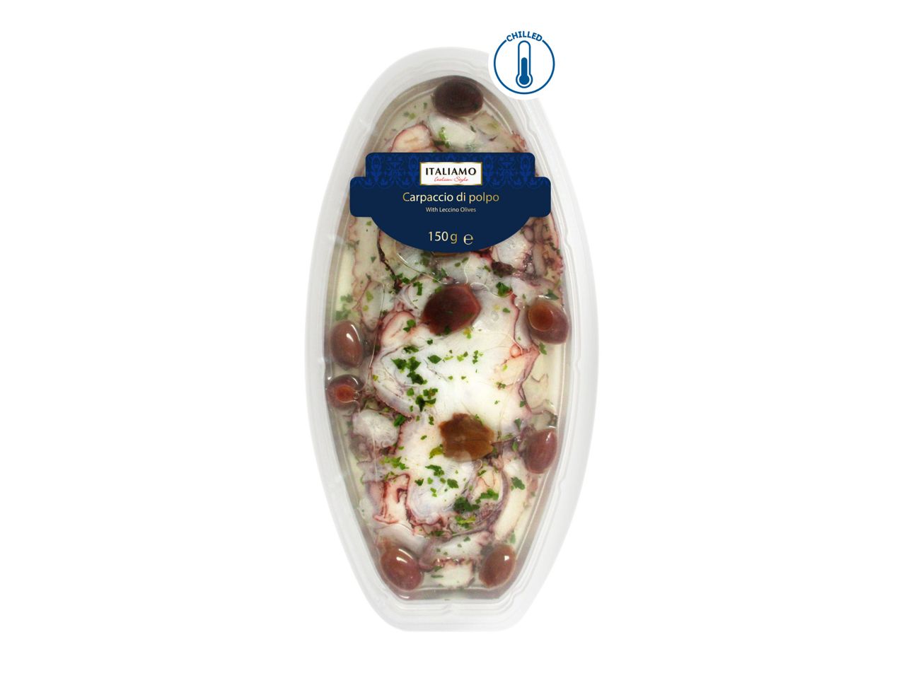 Italian Carpaccio di Polpo with Leccino Olives, 150g, chilled.