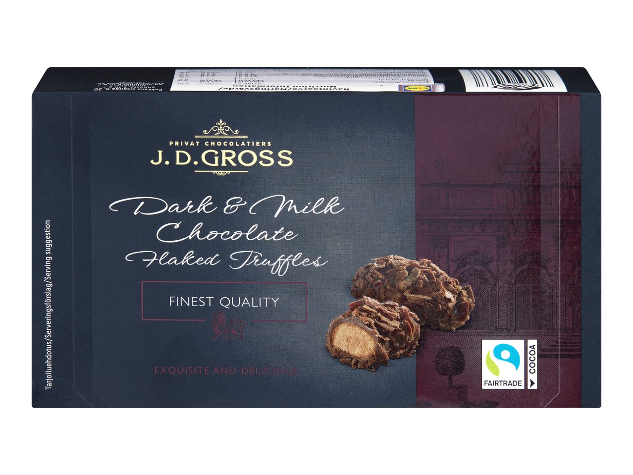 J.D. Gross Dark & Milk Chocolate Flaked Truffles box with two truffles and Fairtrade cocoa logo.