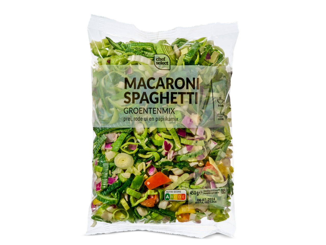 Chef Select groentenmix voor macaroni en spaghetti: prei, rode ui en paprika.