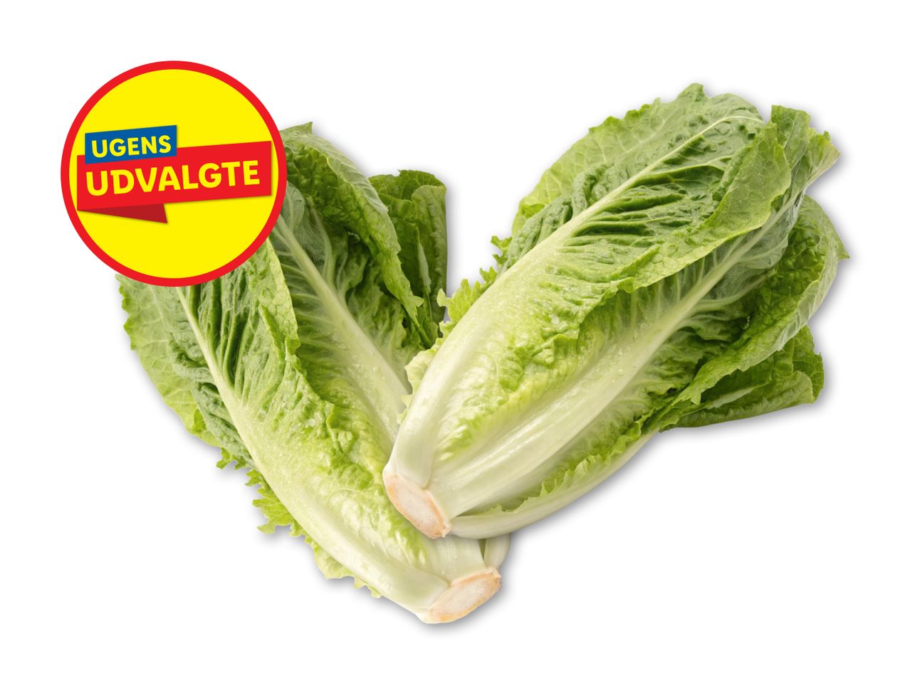 To romainesalathoveder med et gult og rødt mærke, der siger 'UGENS UDVALGTE'.